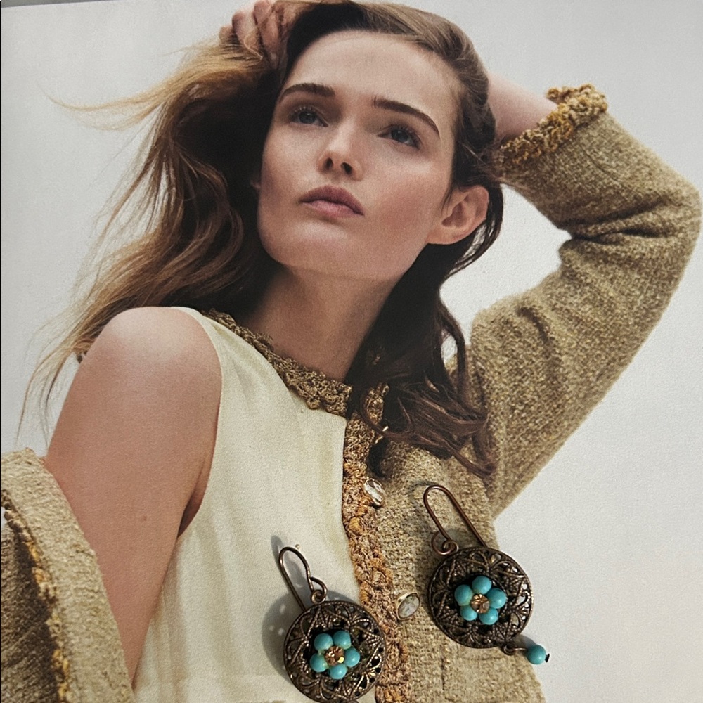 Chic natural brass and Blue Floral Drop Earrings